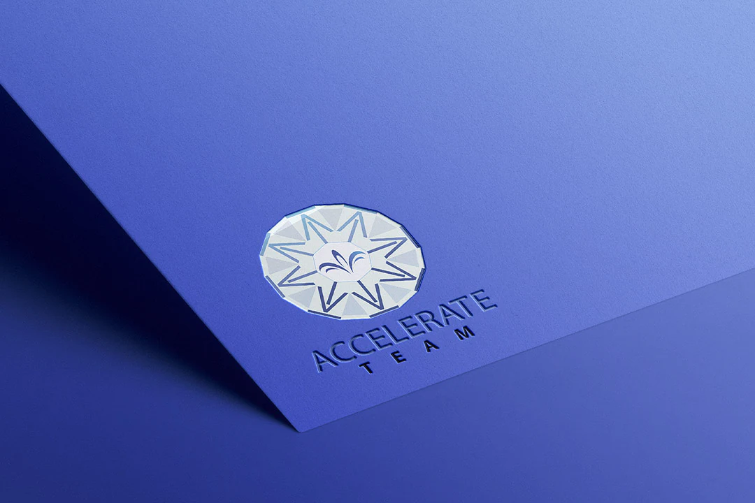 Accelerate Team identity applied to a blue presentation folder